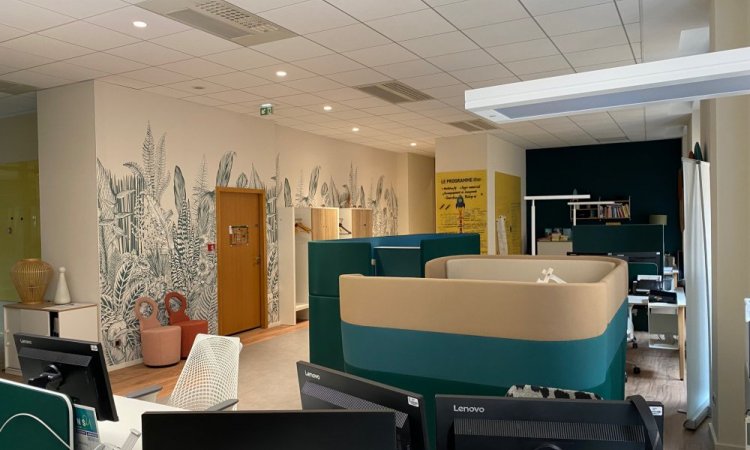 REAMENAGEMENT ESPACE DE TRAVAIL DANS UNE BANQUE A LYON AVEC PLAFOND ACOUSTIQUE, PAPIER PEINT PANORAMIQUE ET SOL PVC