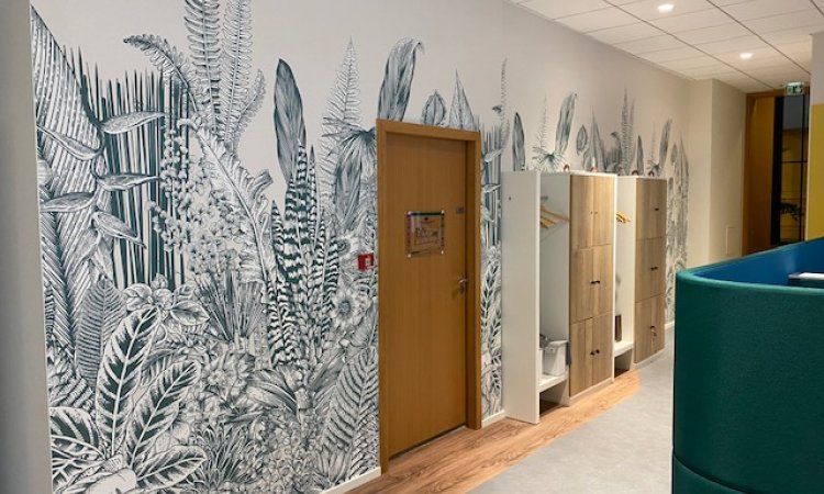 fourniture et pose papier panoramique sur le mur longeant le couloir ou dégagement d'une banque située à Lyon